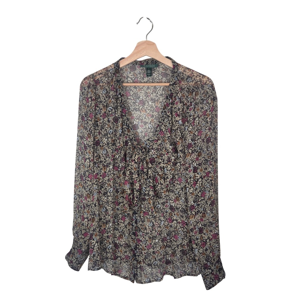 Lauren Ralph Lauren 100% Silk Floral Blouse Womens L Dark Romantic V Neck